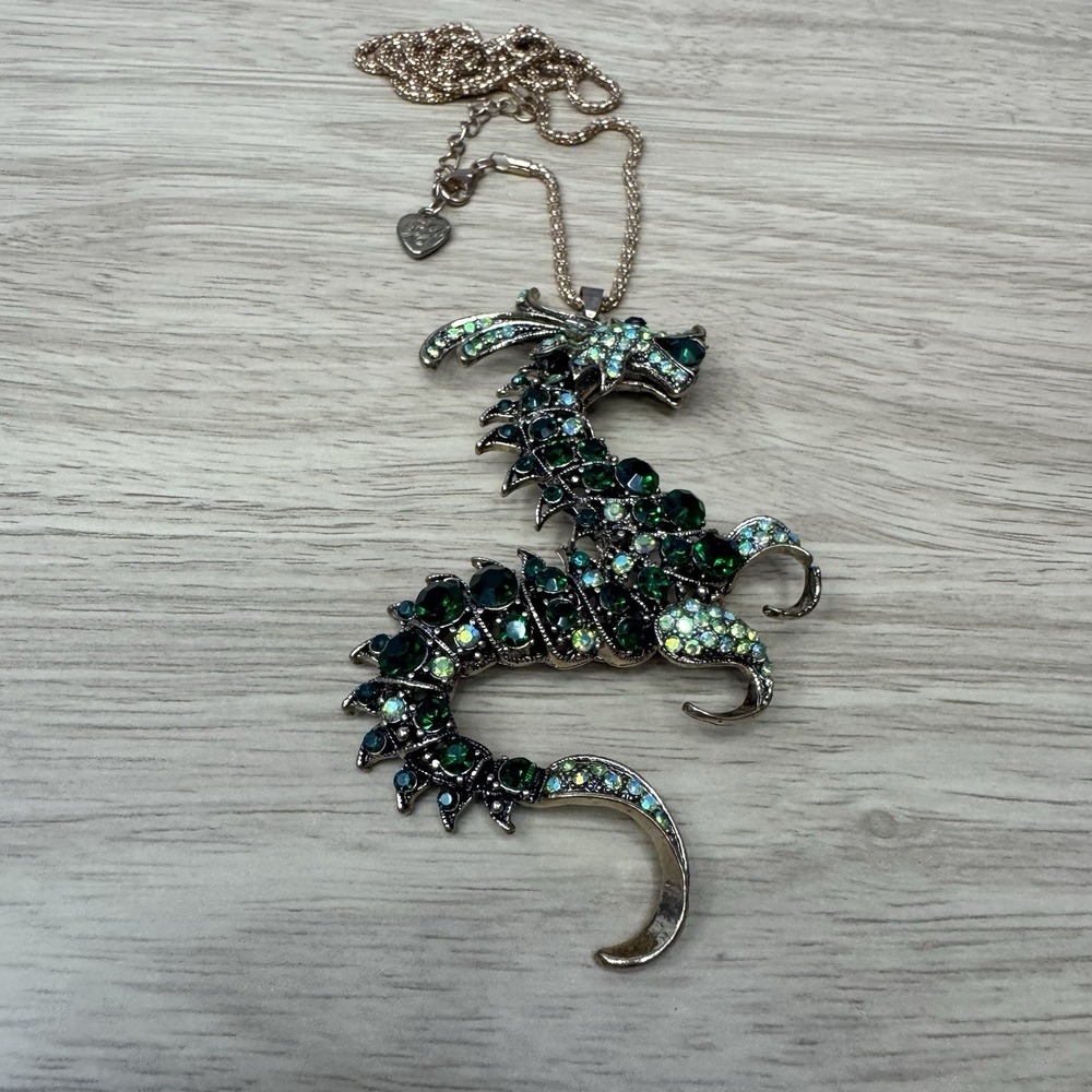 Betsey Johnson Green Dragon 3D Pendant Necklace Rhinestones Fantasy - Picture 2 of 7